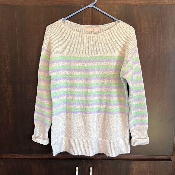LOFT Gray Striped Wool Blend Sweater Small - Picture 2 of 5